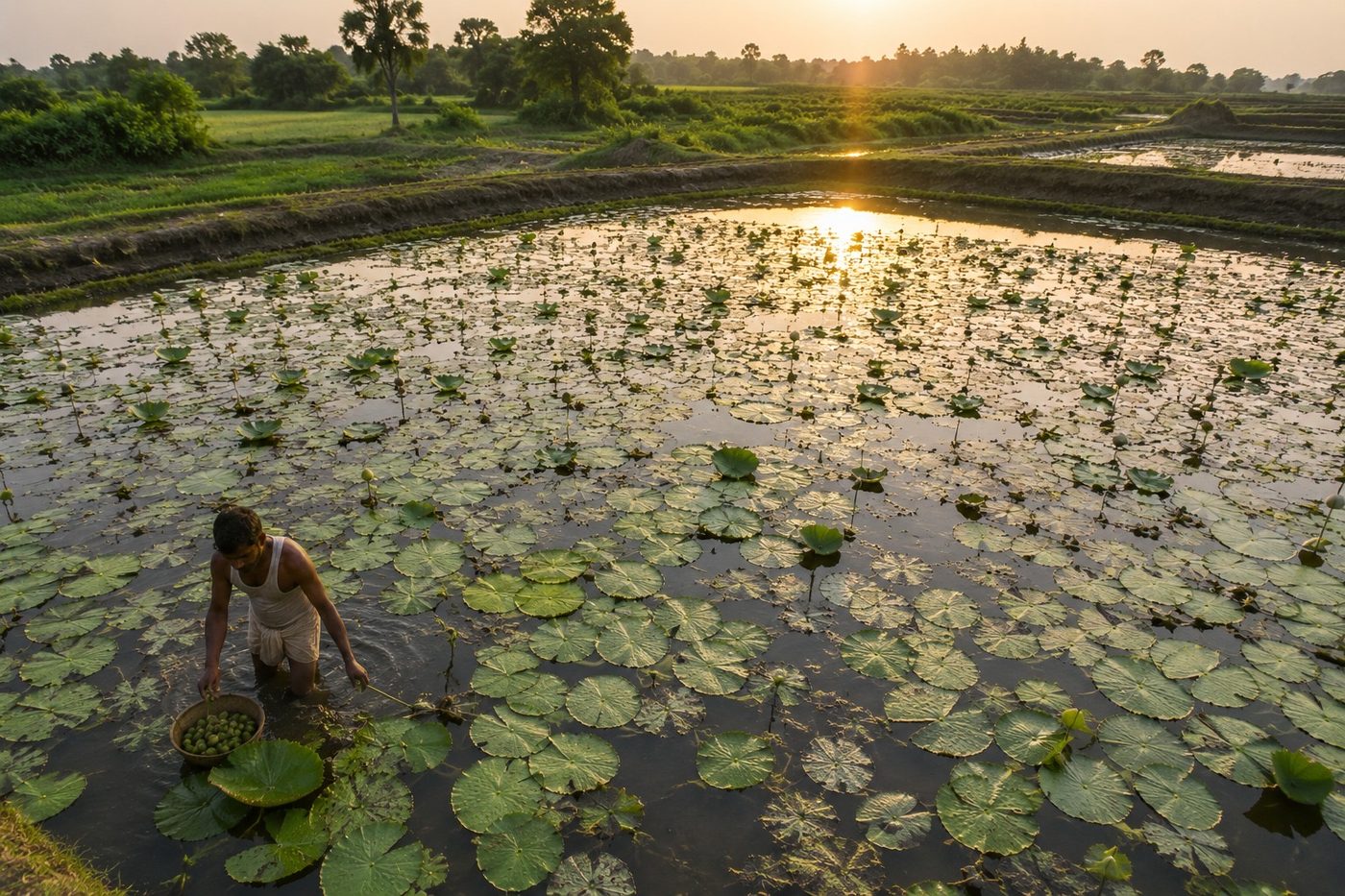 Farmer harvesting makhana in a lotus pond in Bihar at sunset