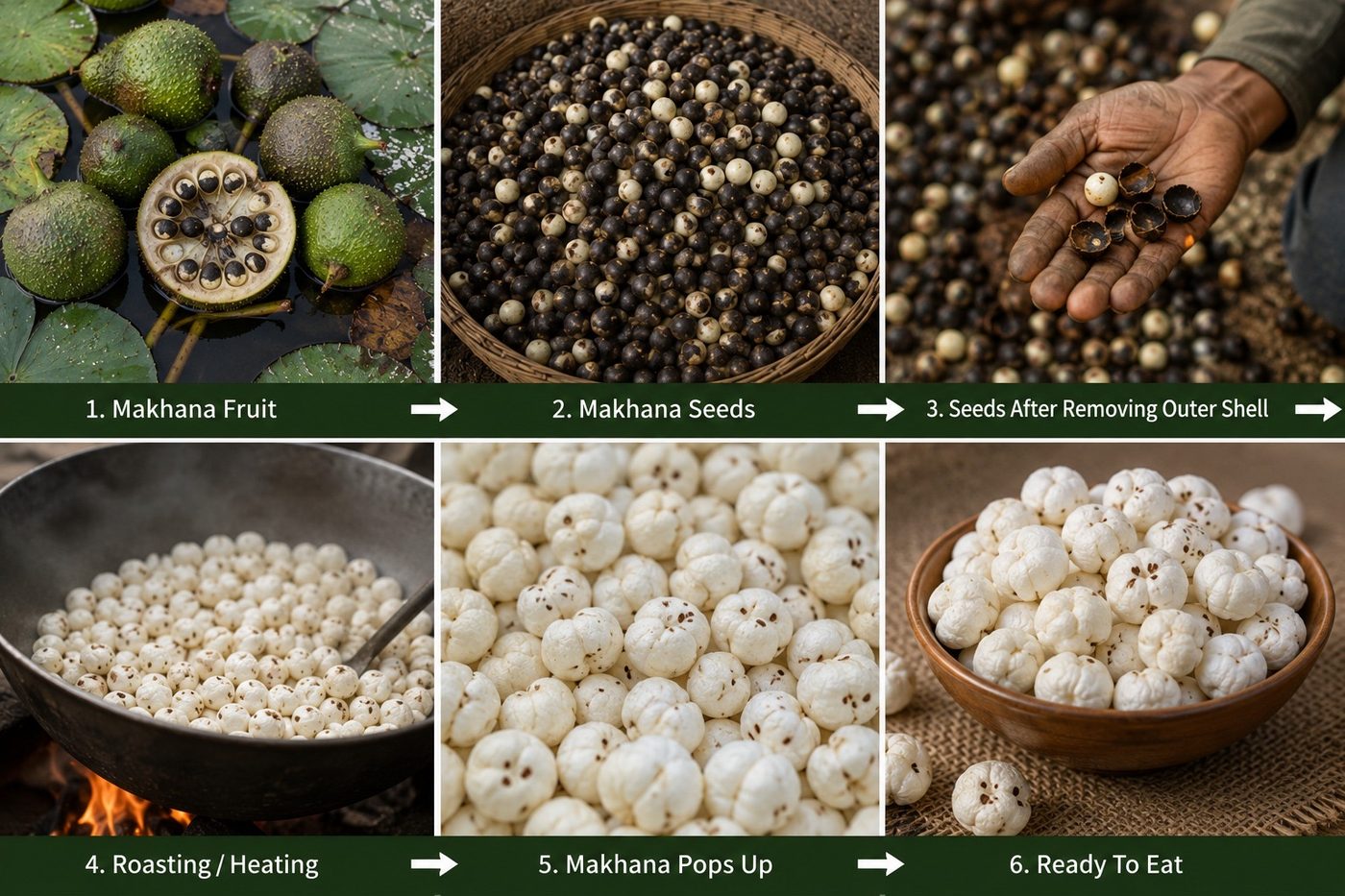 Makhana process: fruit, seeds, shelling, roasting, popping, ready to eat
